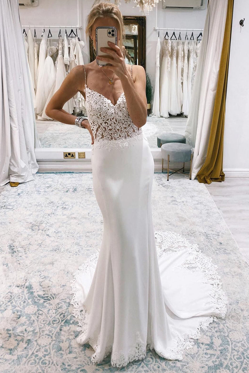 Load image into Gallery viewer, White Mermaid Sweep Train Boho Long Mermaid Wedding Dress with Lace