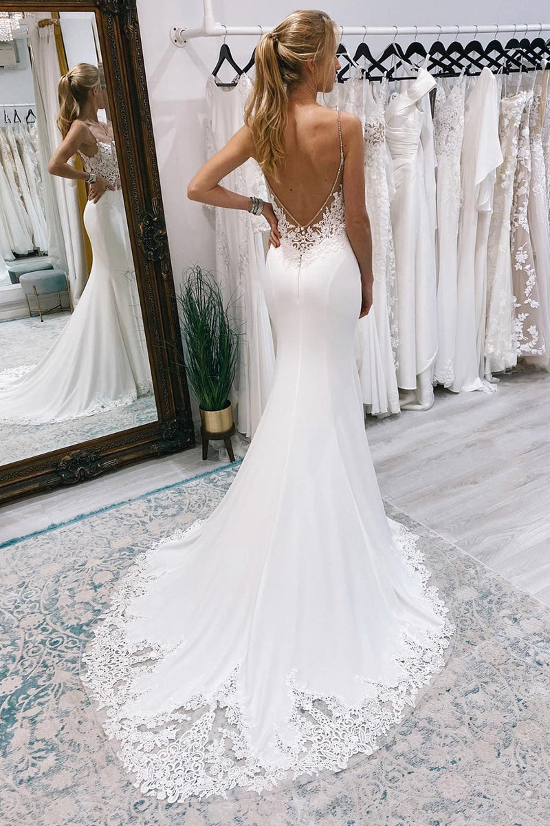 Load image into Gallery viewer, White Mermaid Sweep Train Boho Long Mermaid Wedding Dress with Lace