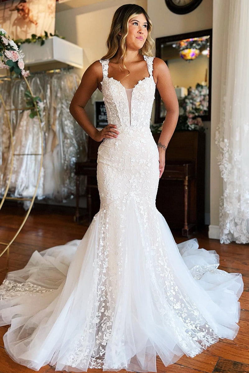 Load image into Gallery viewer, Mermaid White Lace Sweep Train Long Wedding Dress