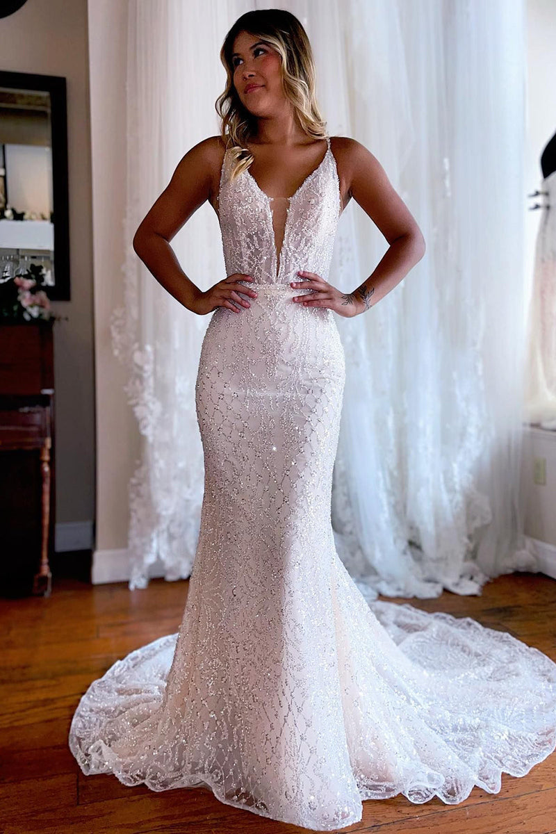 Load image into Gallery viewer, Sparkly Mermaid White Lace Backless Sweep Train Long Wedding Dress