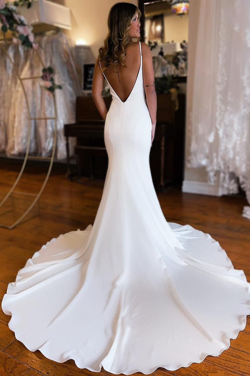 Load image into Gallery viewer, Simple White Mermaid Backless Boho Wedding Dress