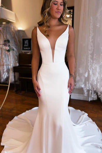 Simple White Mermaid Backless Boho Wedding Dress