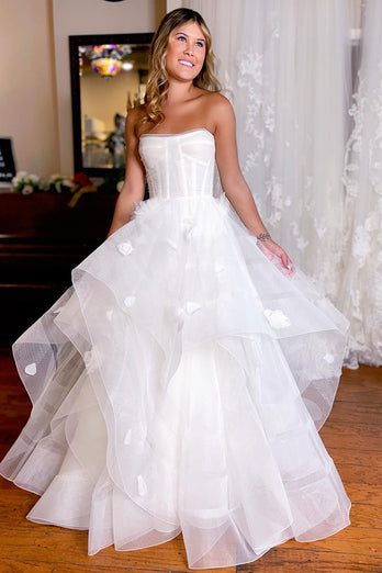 Simple White Corset A-Line Asymmetrical Wedding Dress with Flowers
