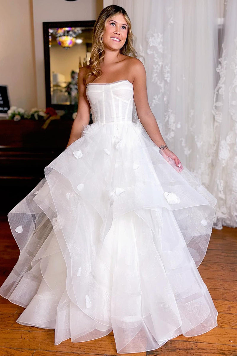 Load image into Gallery viewer, Simple White Corset A-Line Asymmetrical Wedding Dress with Flowers