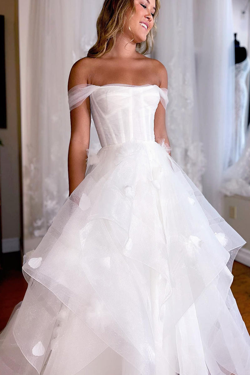 Load image into Gallery viewer, Simple White Corset A-Line Asymmetrical Wedding Dress with Flowers