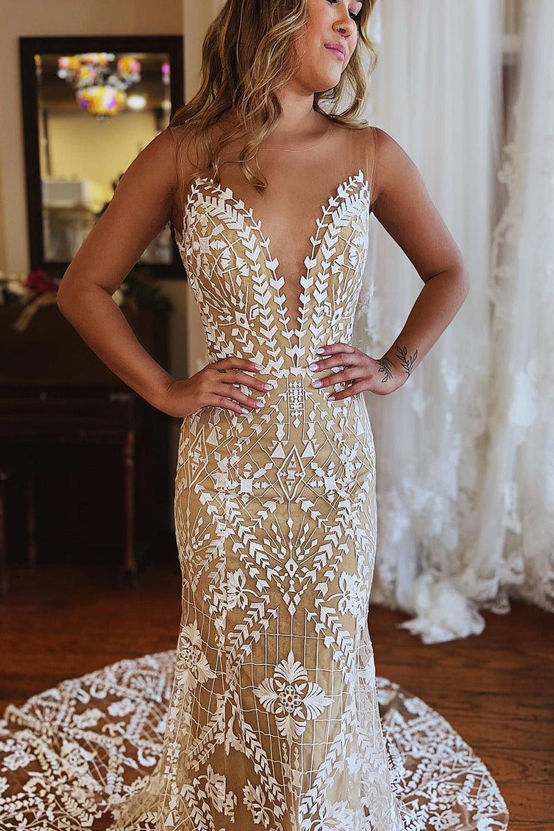 Load image into Gallery viewer, Champagne Illusion Boat Neck Mermaid Long Lace Wedding Dress