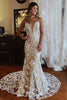 Load image into Gallery viewer, Champagne Illusion Boat Neck Mermaid Long Lace Wedding Dress