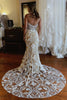 Load image into Gallery viewer, Champagne Illusion Boat Neck Mermaid Long Lace Wedding Dress