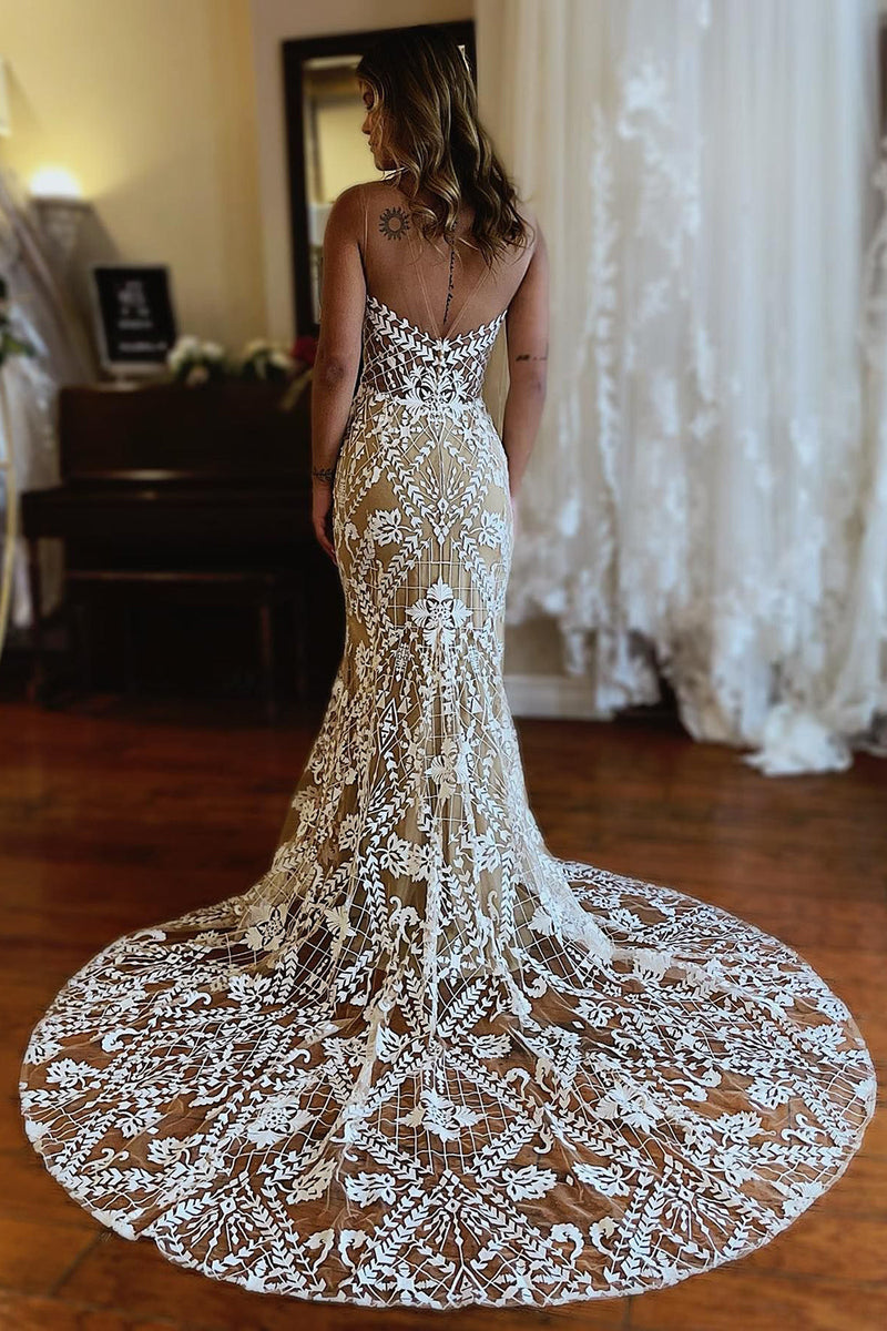 Load image into Gallery viewer, Champagne Illusion Boat Neck Mermaid Long Lace Wedding Dress