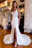Load image into Gallery viewer, White V-Neck Sheath Long Lace Wedding Dress with Slit