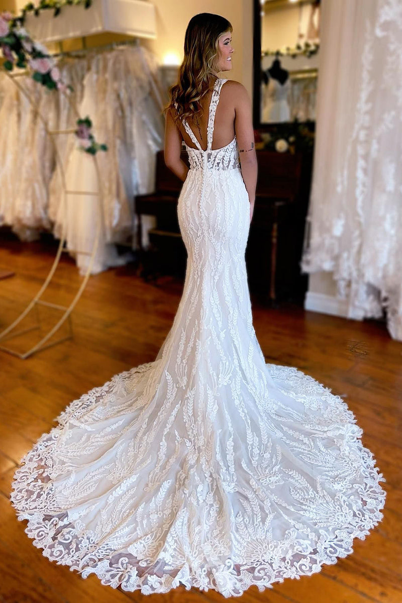 Load image into Gallery viewer, White V-Neck Sheath Long Lace Wedding Dress with Slit
