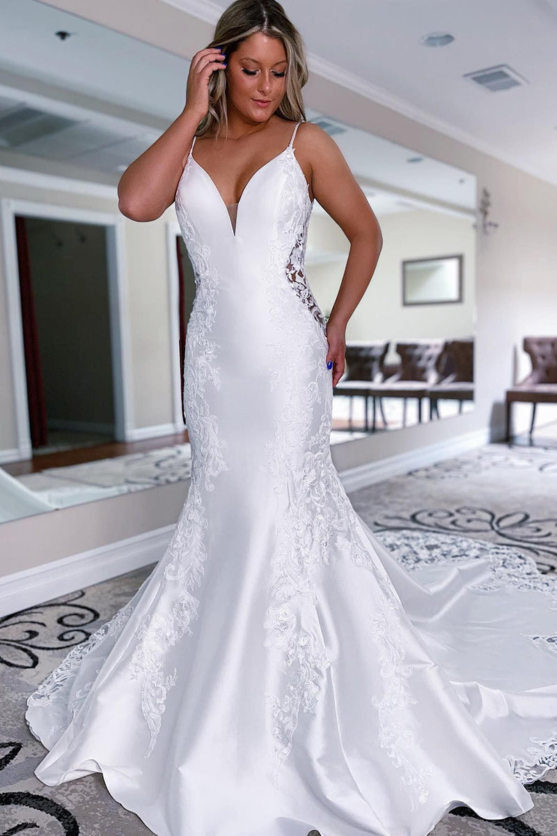 Load image into Gallery viewer, White Mermaid Long Satin Wedding Dress with Lace