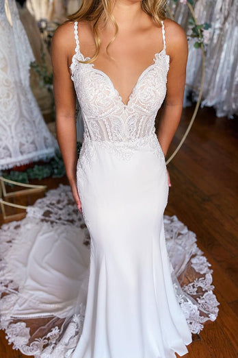 White Boho Mermaid Spaghetti Straps Long Wedding Dress with Lace