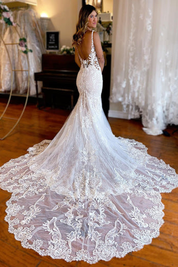 Ivory Mermaid Spaghetti Straps Backless Long Lace Wedding Dress