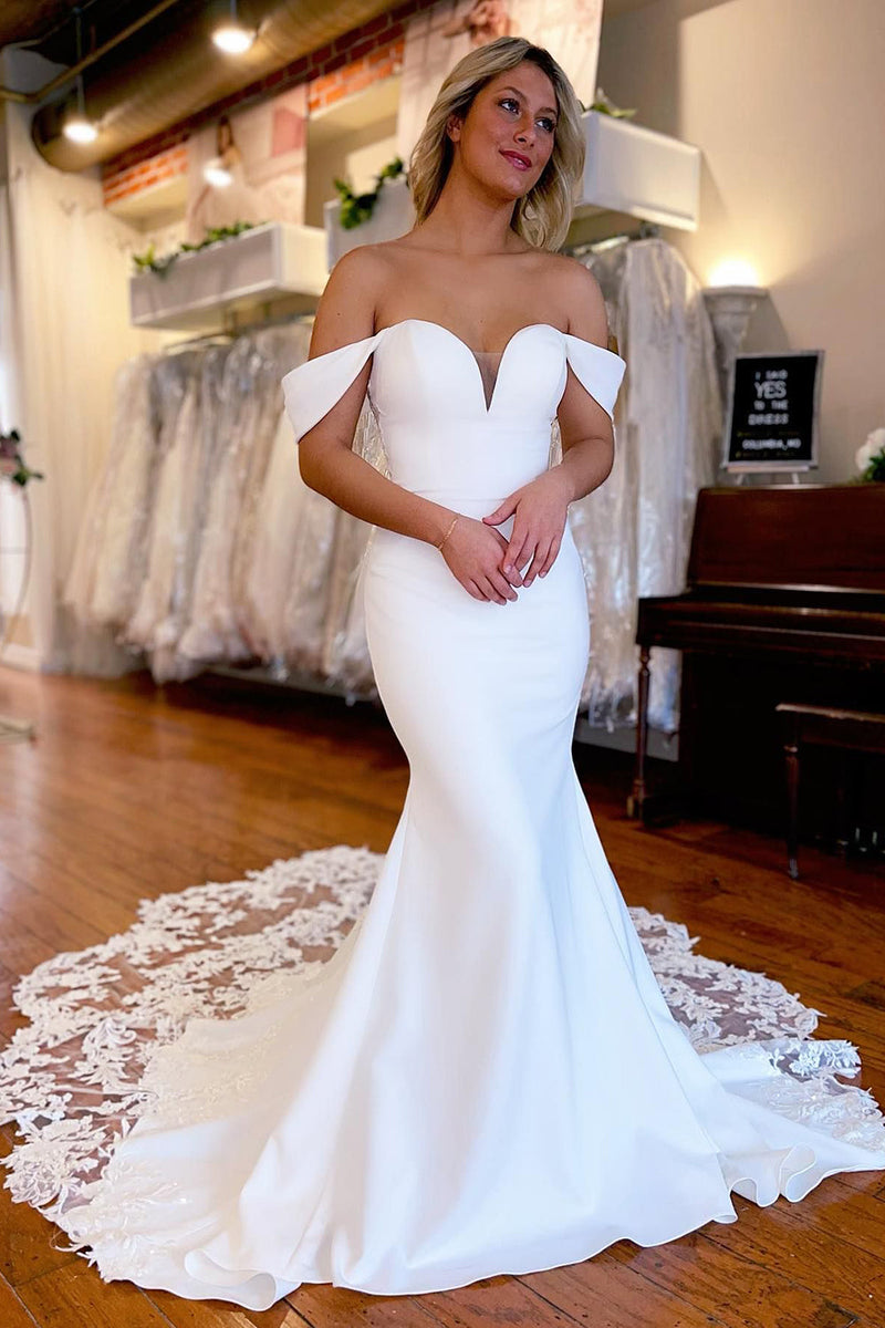 Load image into Gallery viewer, White Boho Mermaid Off the Shoulder Long Wedding Dress with Lace