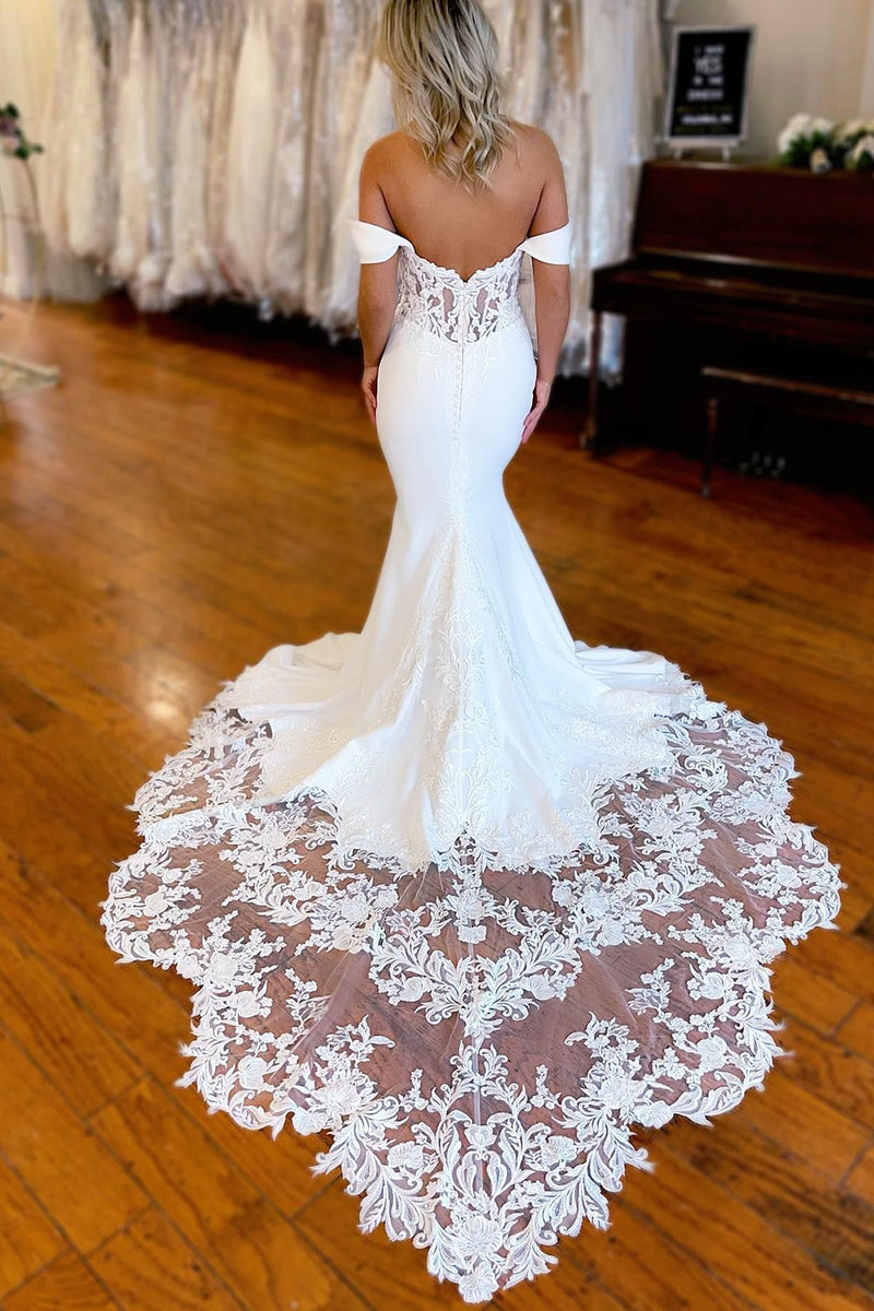 Load image into Gallery viewer, White Boho Mermaid Off the Shoulder Long Wedding Dress with Lace