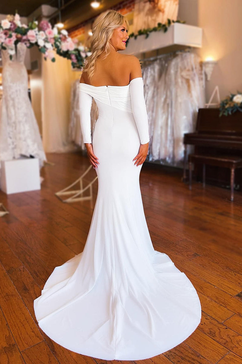 Load image into Gallery viewer, Simple White Boho Mermaid Long Wedding Dress with Sleeves