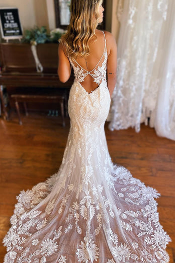 Ivory Mermaid Open Back Long Lace Wedding Dress