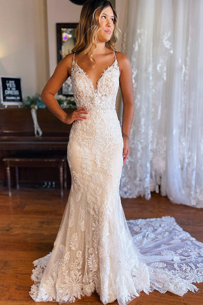 Ivory Mermaid Open Back Long Lace Wedding Dress