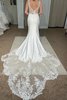 White Deep V-Neck Mermaid Long Wedding Dress with Lace