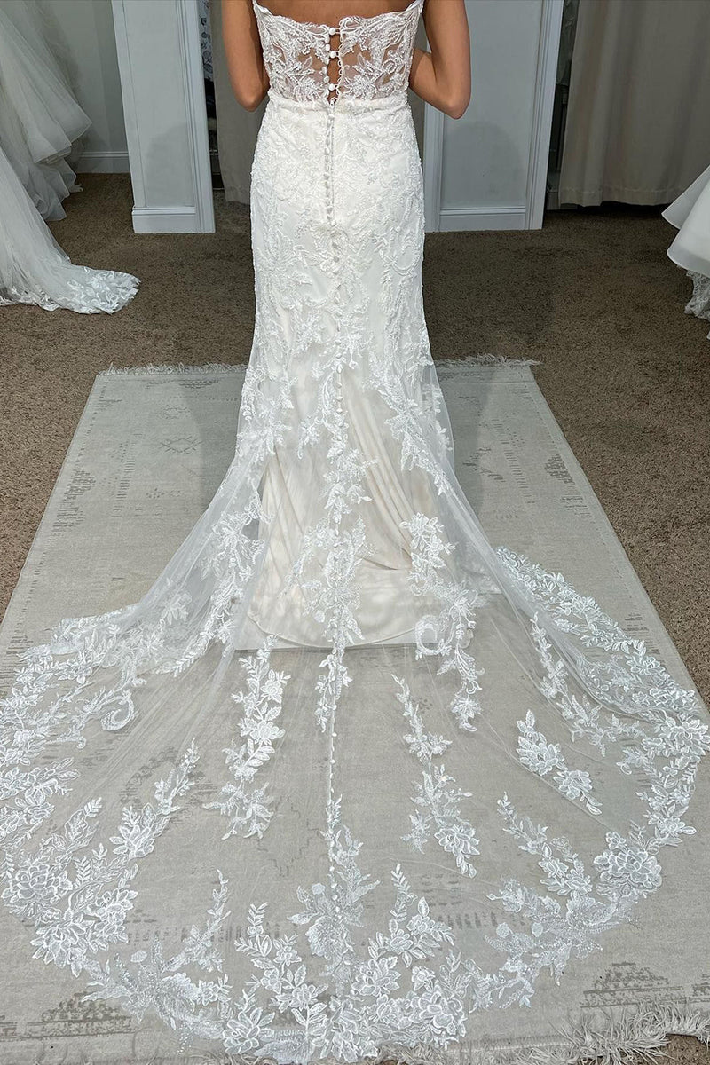 Load image into Gallery viewer, White Sweetheart Mermaid Long Lace Wedding Dress