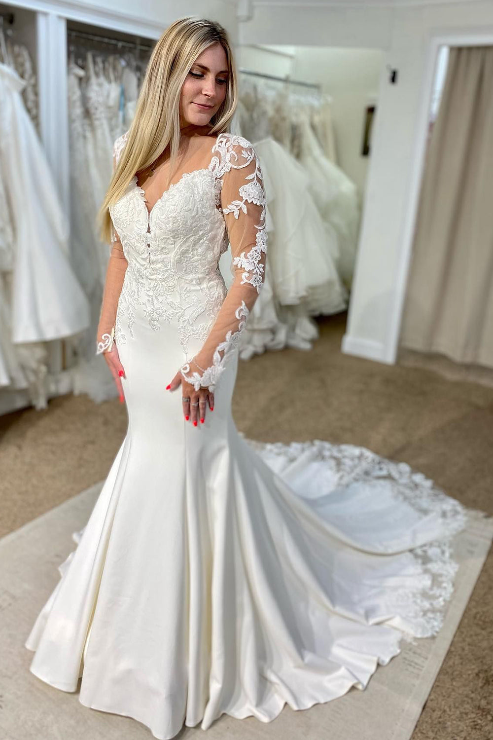 White V-Neck Mermaid Long Wedding Dress with Lace