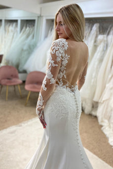 White V-Neck Mermaid Long Wedding Dress with Lace