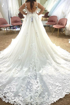 White A-Line Tulle Plus Size Long Wedding Dress with Appliques