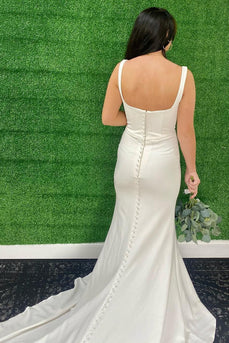 Mermaid Square Neck White Simple Long Wedding Dress with Button