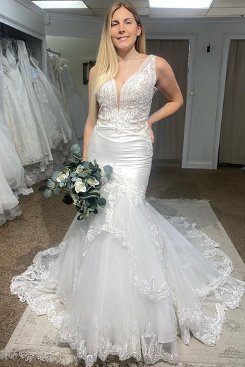 Deep V-Neck Mermaid White Long Wedding Dress with Lace