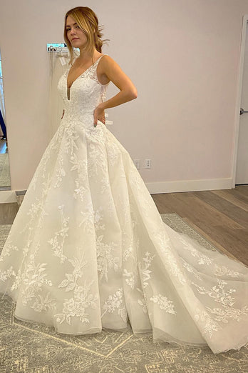 A-Line White Long Wedding Dress with Appliques