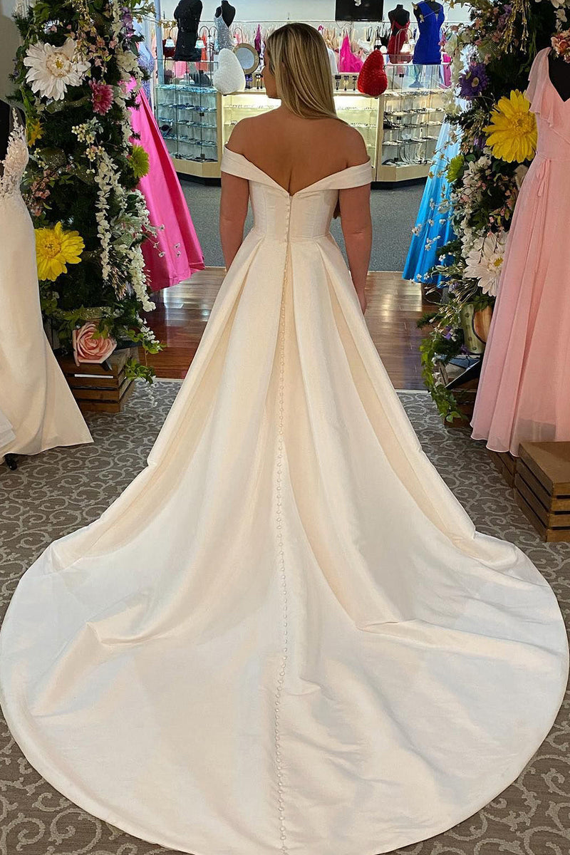 Load image into Gallery viewer, Off The Shoulder White Corset Simple Long Wedding Dress with Pockets