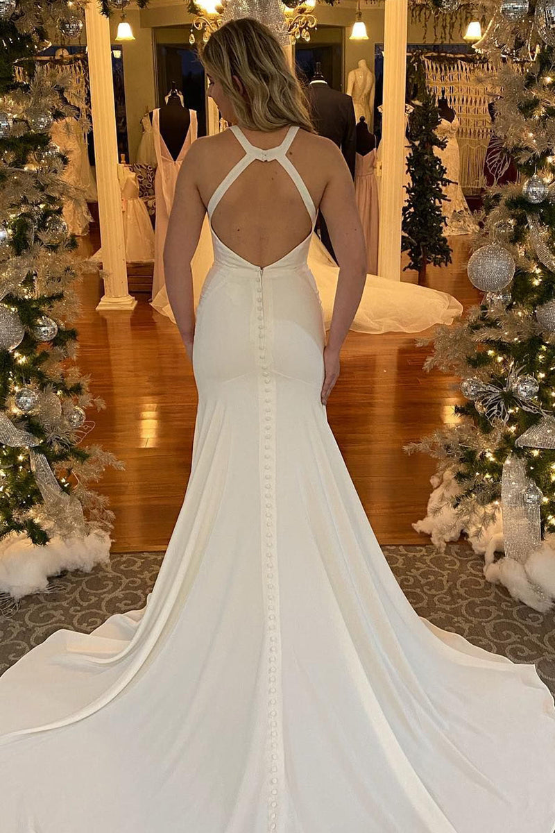 Load image into Gallery viewer, Mermaid Halter White Long Simple Wedding Dress with Button
