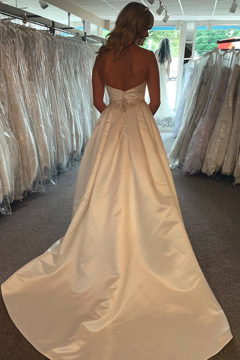 Load image into Gallery viewer, A-Line Satin Sweetheart White Long Simple Wedding Dress with Beading