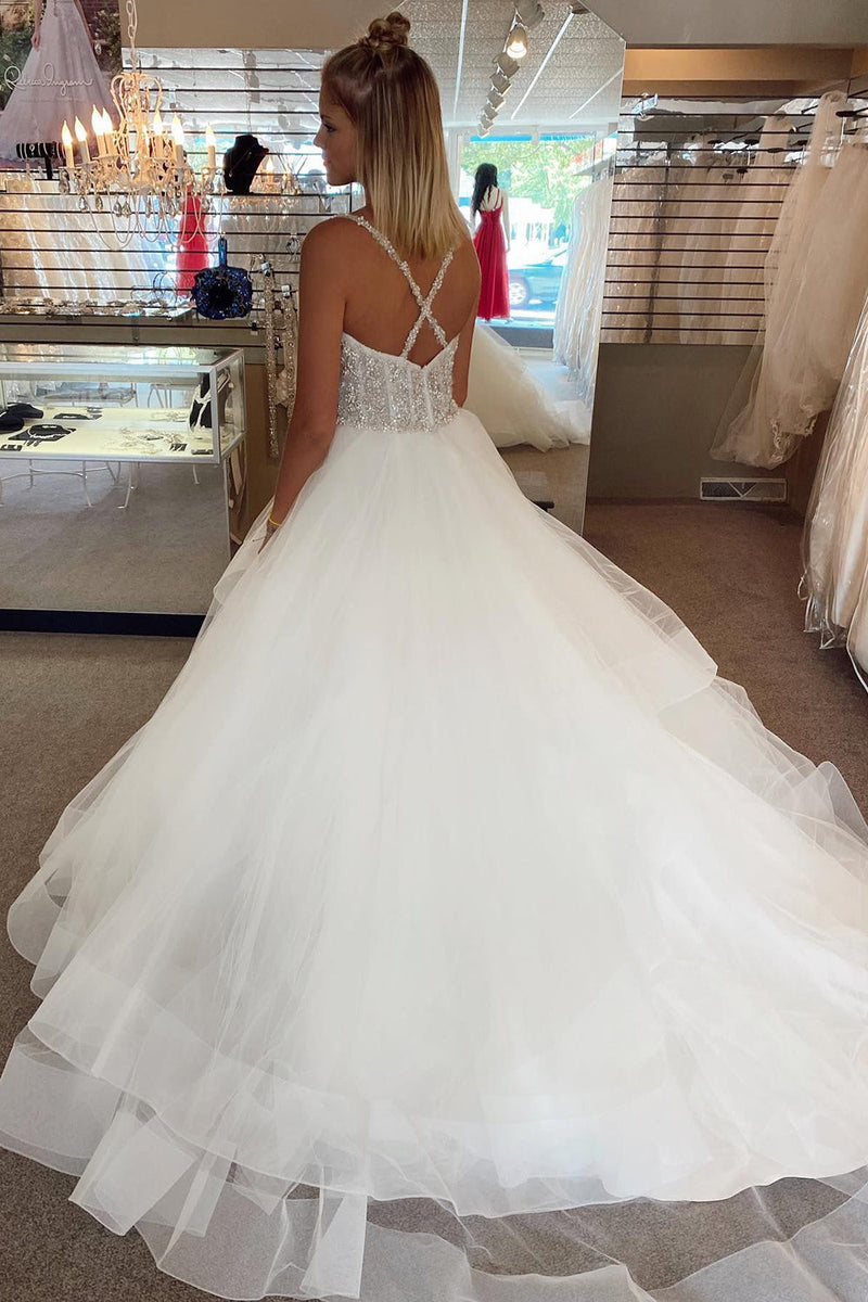 Load image into Gallery viewer, A-Line Tulle Spaghetti Straps White Corset Long Wedding Dress with Beading