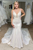 Load image into Gallery viewer, White Deep V-Neck Mermaid Long Wedding Dress with Appliques