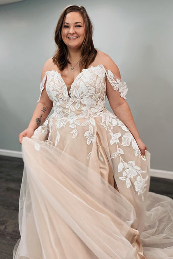 Tulle Off The Shoulder Ivory Long Plus Size Wedding Dress with Appliques