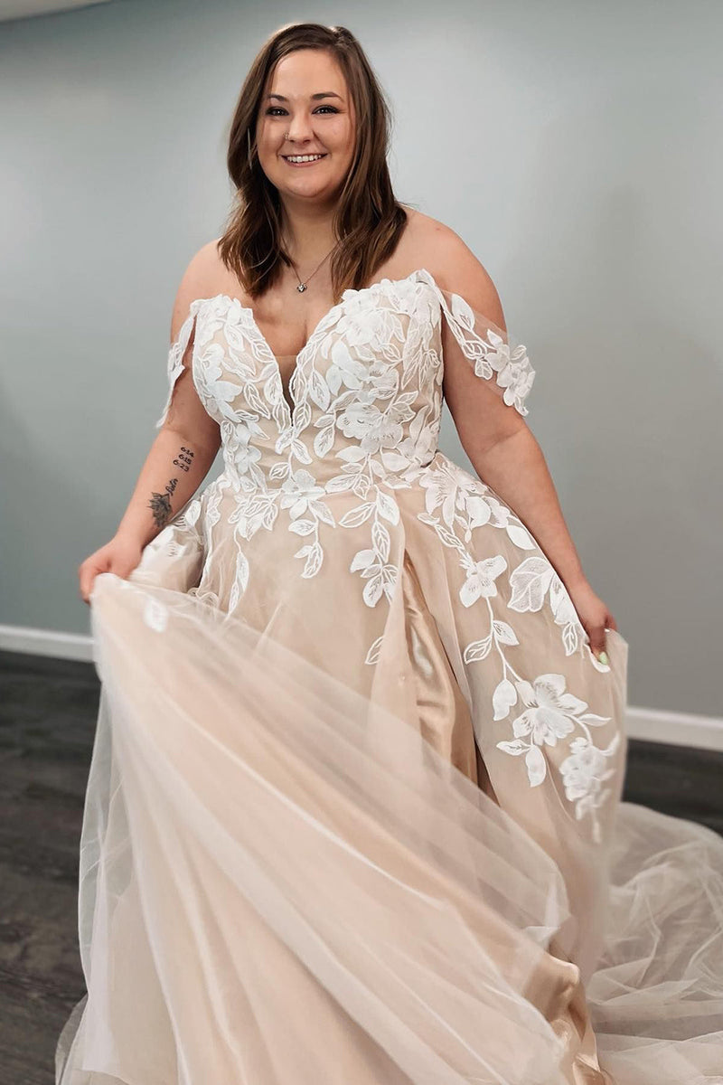 Load image into Gallery viewer, Tulle Off The Shoulder Ivory Long Plus Size Wedding Dress with Appliques