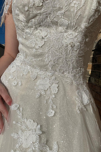 Glitter A-Line Off The Shouder White Long Wedding Dress with Appliques