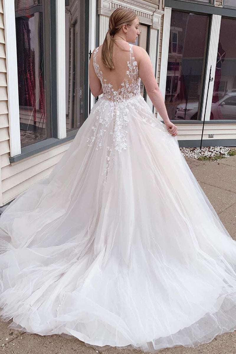 Load image into Gallery viewer, A-Line Tulle Sparkly White Sequins Long Plus Size Wedding Dress with Appliques
