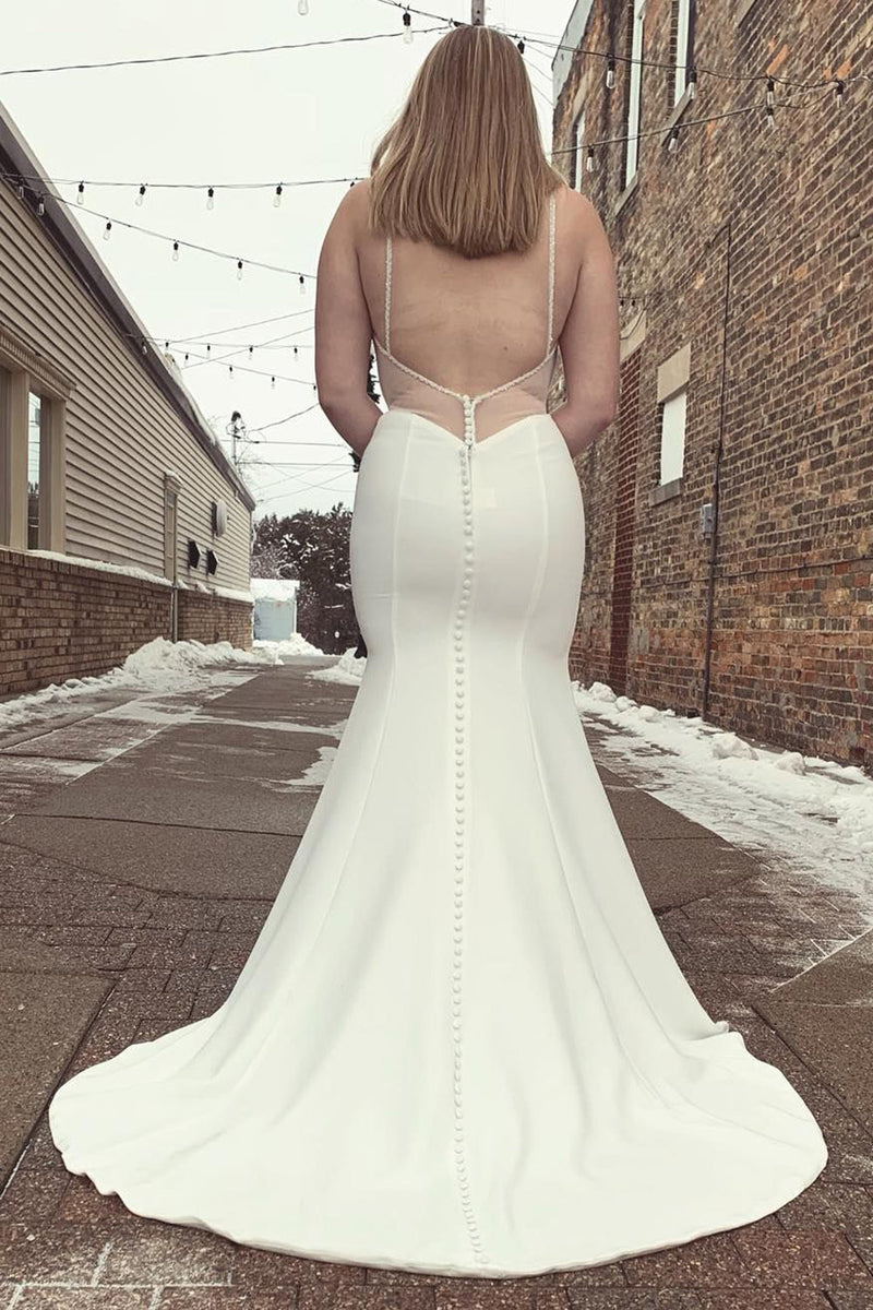 Load image into Gallery viewer, Mermaid Satin White Spaghetti Straps Long Plus Size Wedding Dress with Button