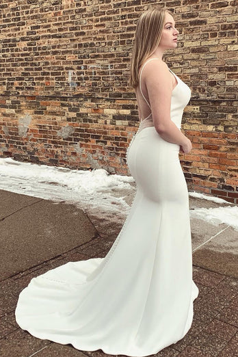 Mermaid Satin White Spaghetti Straps Long Plus Size Wedding Dress with Button