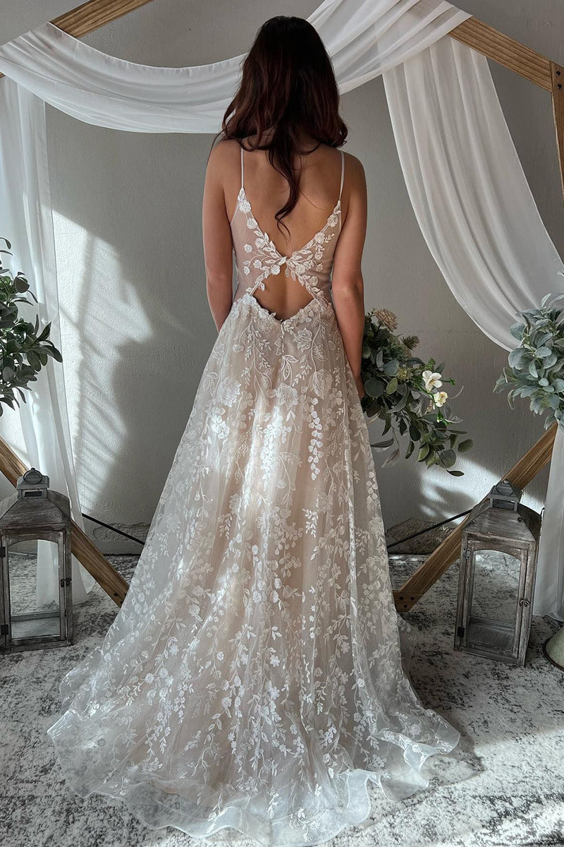 Load image into Gallery viewer, A-Line Ivory Spaghetti Straps Long Boho Wedding Dress with Appliques