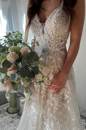 A-Line Ivory Spaghetti Straps Long Boho Wedding Dress with Appliques
