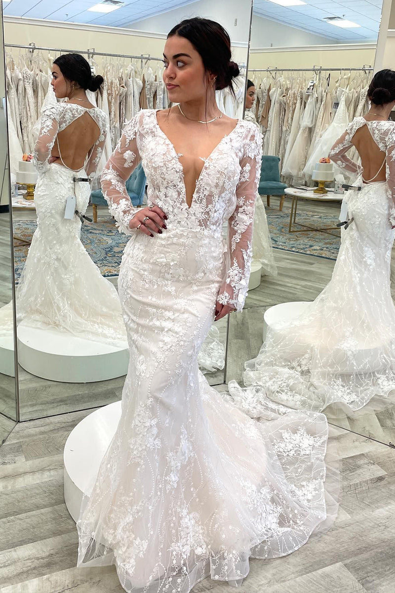 Load image into Gallery viewer, Mermaid Deep V-Neck White Long Wedding Dress with Sleeves