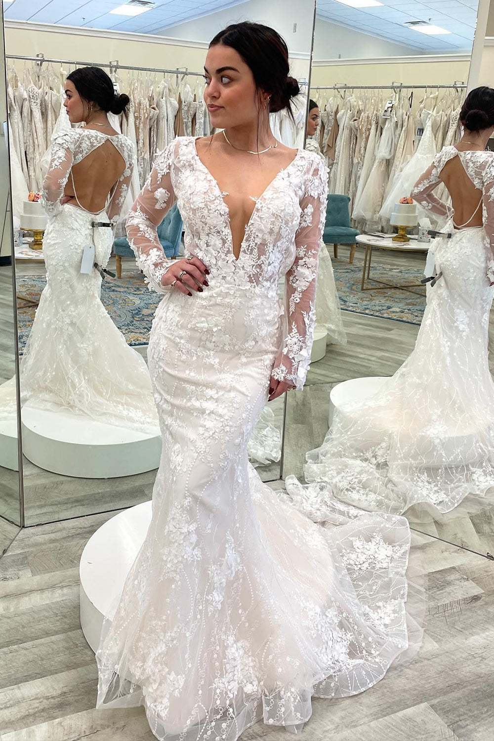 Mermaid Deep V-Neck White Long Wedding Dress with Sleeves