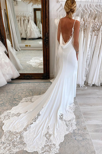 White Spaghetti Straps Long Mermaid Boho Wedding Dress with Lace