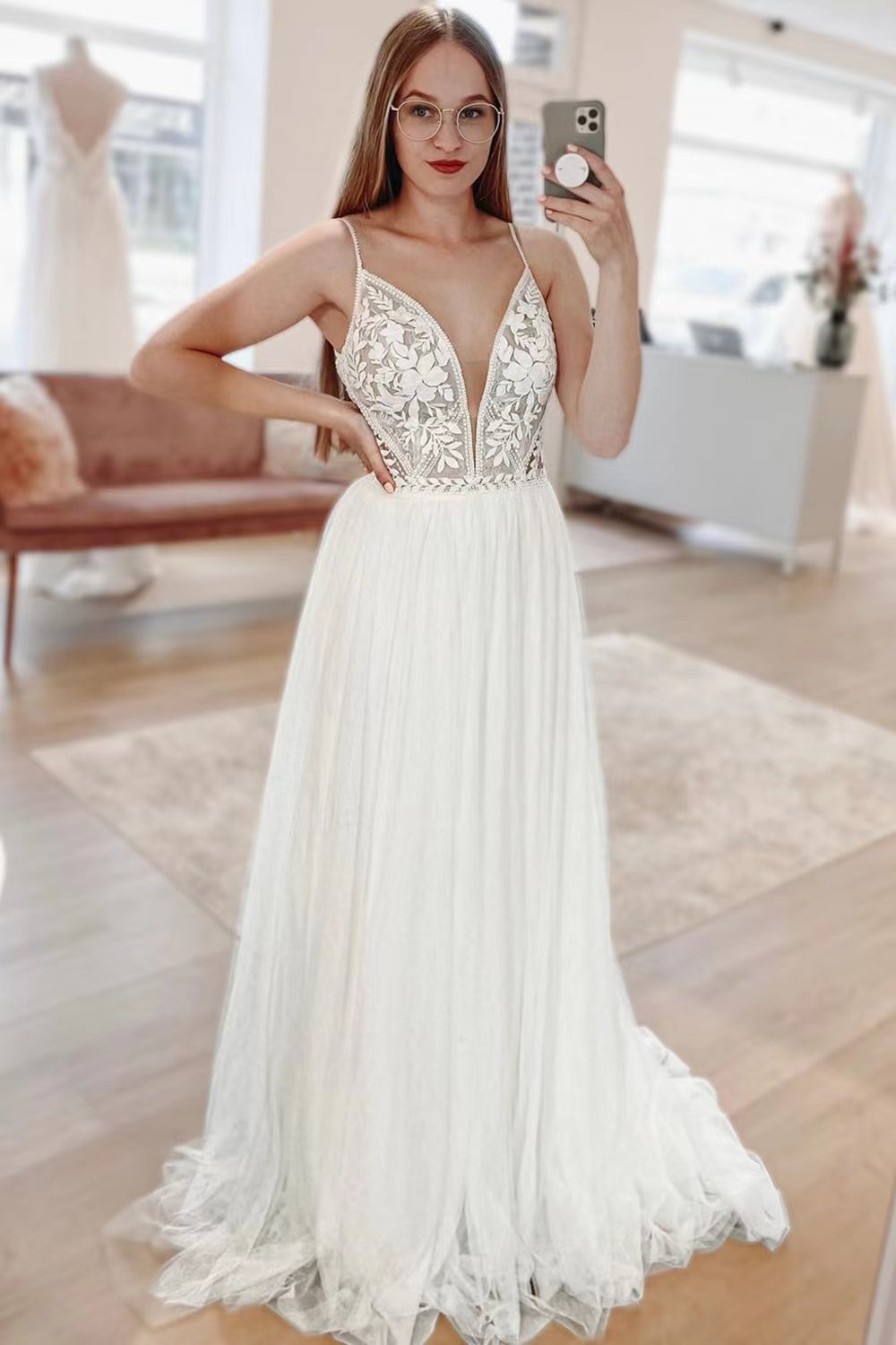 Simple White A Line Boho Long Chiffon Wedding Dress with Lace