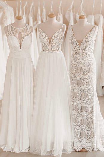 Simple White A-Line Boho Long Chiffon Wedding Dress with Lace