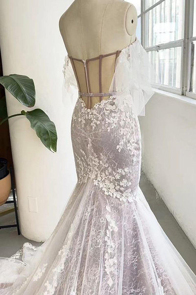 Load image into Gallery viewer, Gray Purple Sweetheart Corset Mermaid Wedding Dress with Appliques